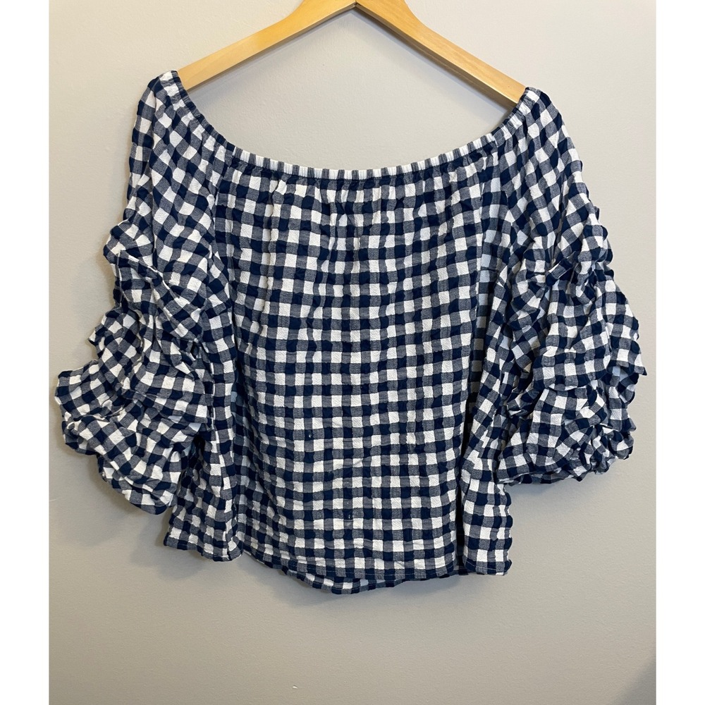 Lane Bryant Navy Gingham Off Shoulder Ruffle Sleeve Top Size 14/16 cottagecore
